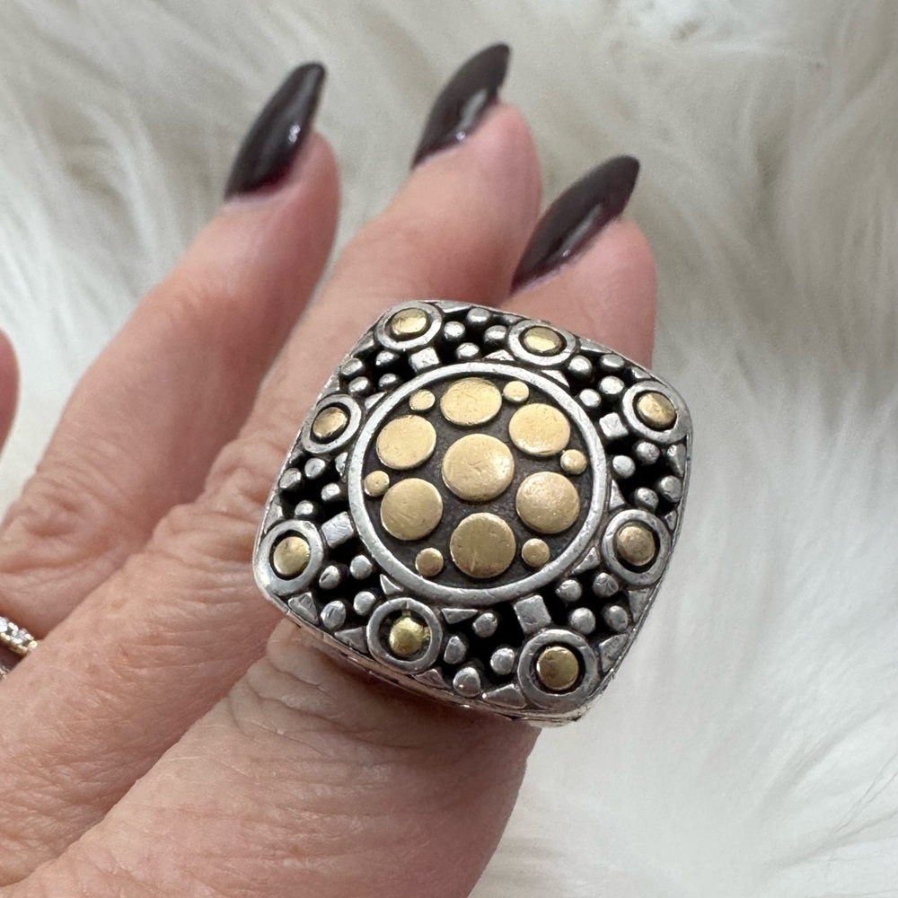 John Hardy Large .925 18K Gold Dot Jaisalmer Square Too Ring Sz 6